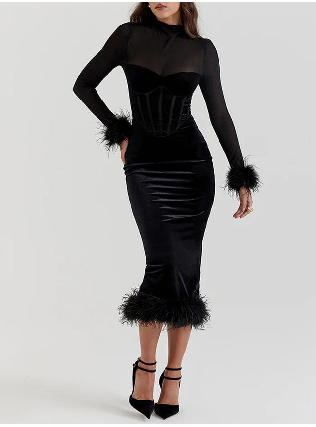 Mary Backless Bodycon Feather Midi Dress - Fashion Pov