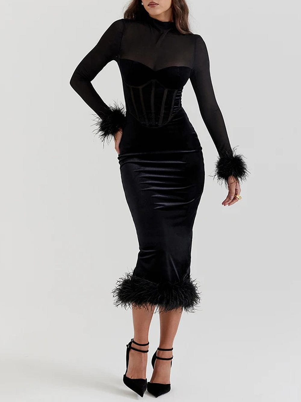 Mary Backless Bodycon Feather Midi Dress Black / M Mary Backless Bodycon Feather Midi Dress Black / M