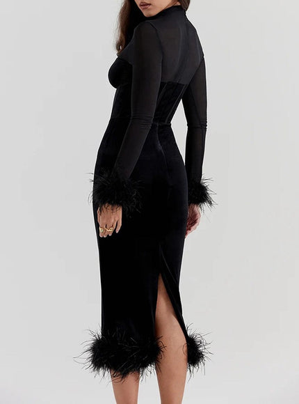 Mary Backless Bodycon Feather Midi Dress - Fashion Pov