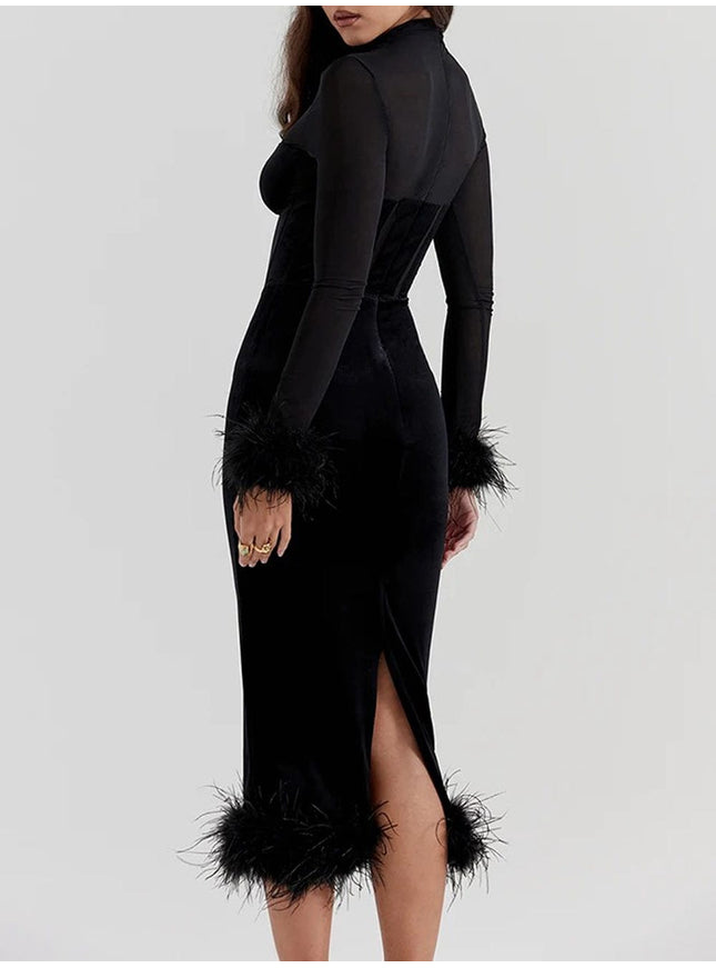 Mary Backless Bodycon Feather Midi Dress - Fashion Pov