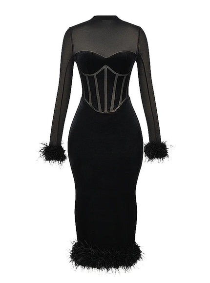 Mary Backless Bodycon Feather Midi Dress - Fashion Pov