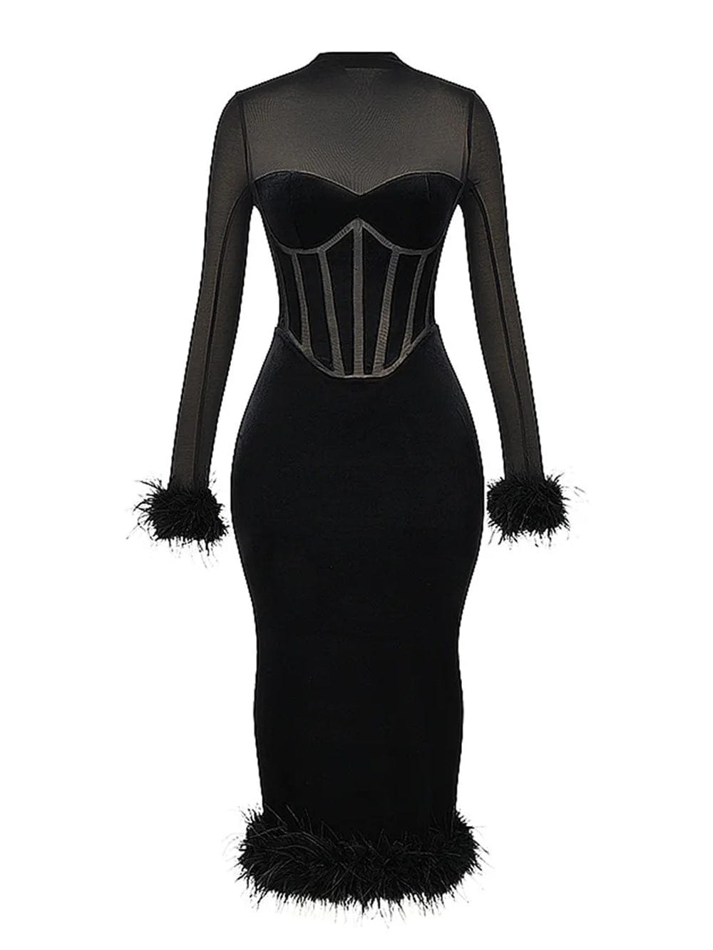 Mary Backless Bodycon Feather Midi Dress Black / M Mary Backless Bodycon Feather Midi Dress Black / M