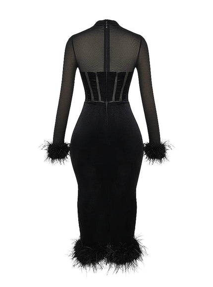 Mary Backless Bodycon Feather Midi Dress - Fashion Pov