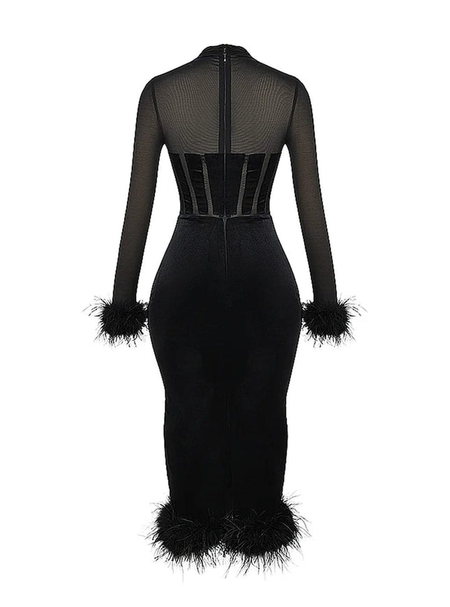 Mary Backless Bodycon Feather Midi Dress - Fashion Pov