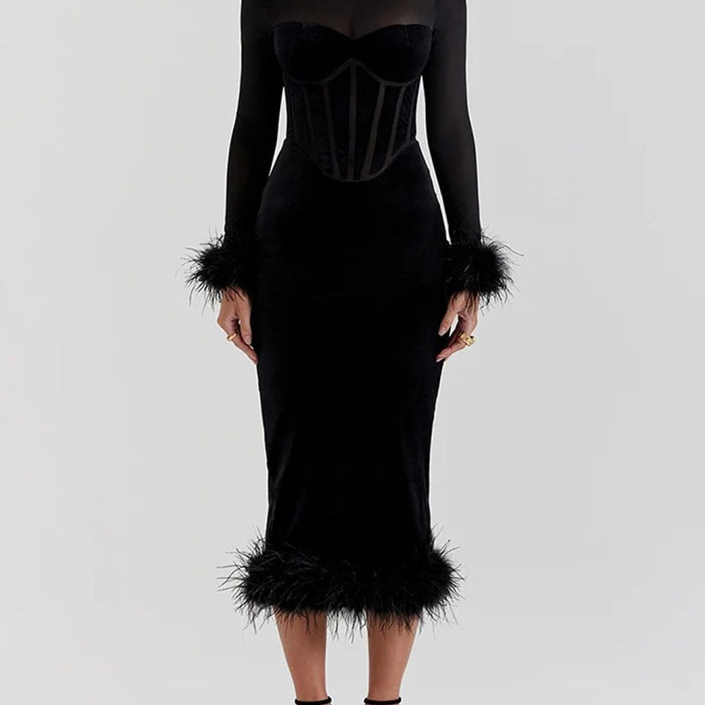 Mary Backless Bodycon Feather Midi Dress - Fashion Pov