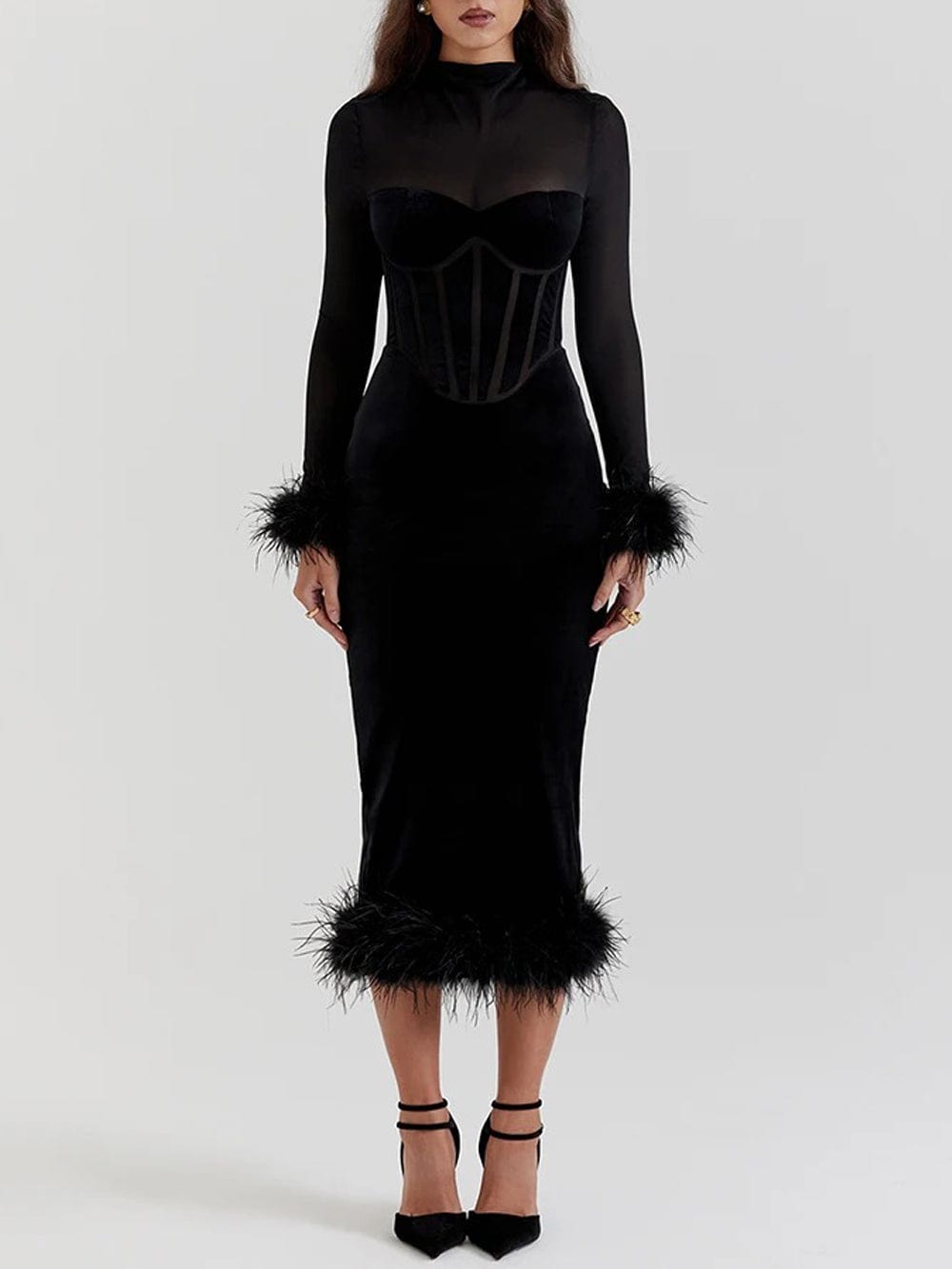 Mary Backless Bodycon Feather Midi Dress - Fashion Pov