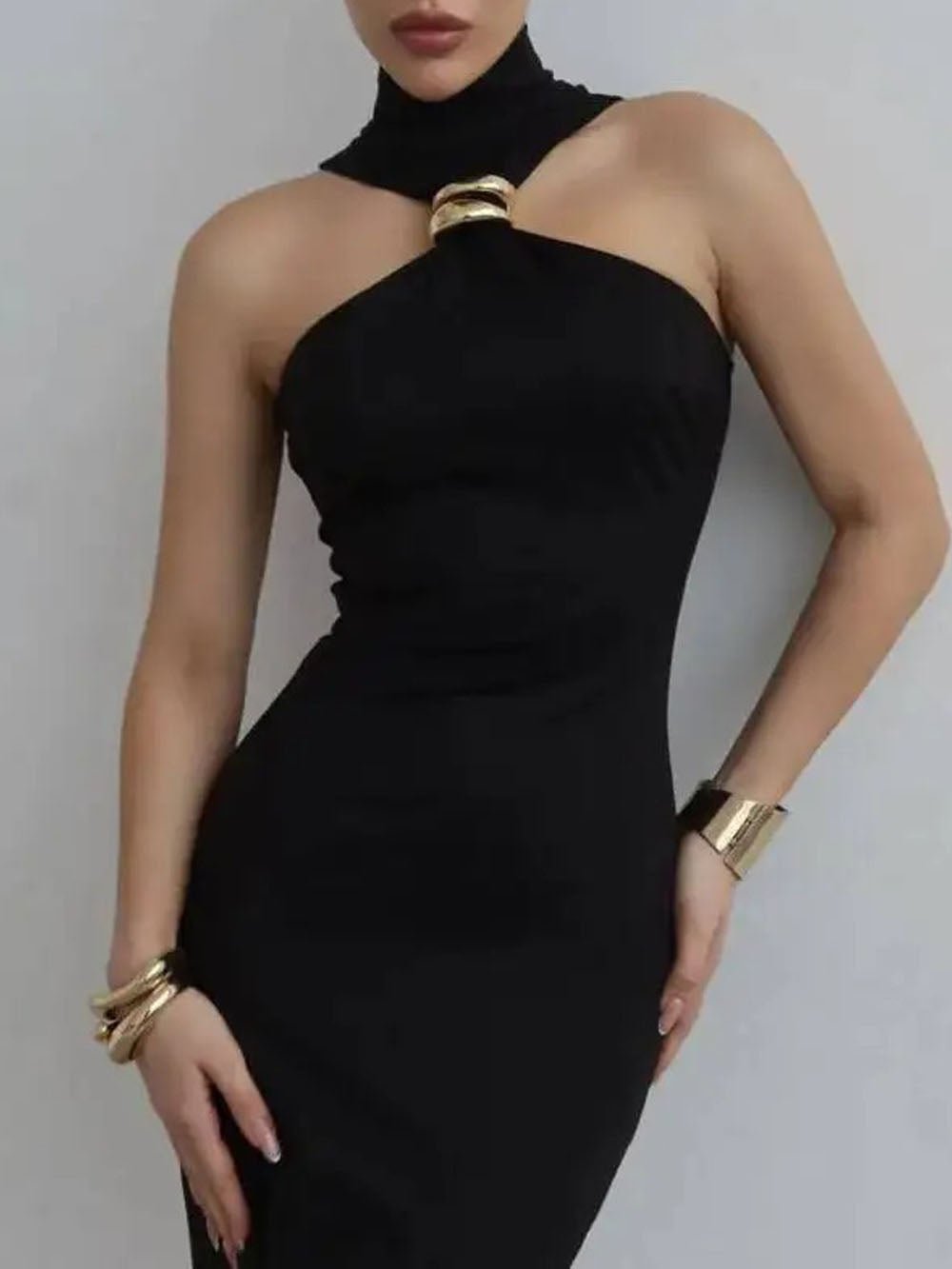 Nadia Asymmetric Halter Midi Dress - Fashion Pov