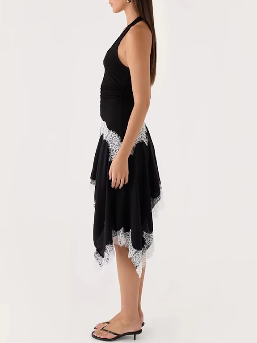 Nadia Lace Trim Asymmetric Midi Dress - Fashion Pov