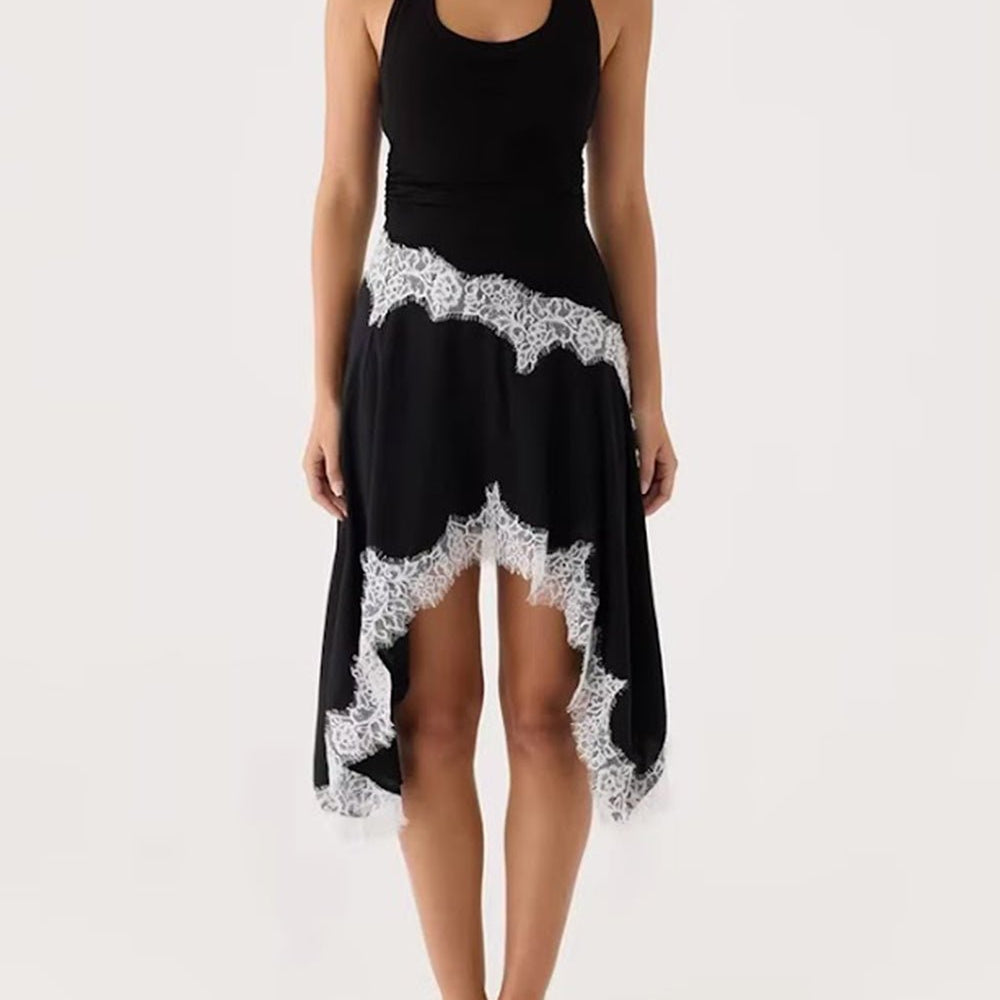 Nadia Lace Trim Asymmetric Midi Dress - Fashion Pov