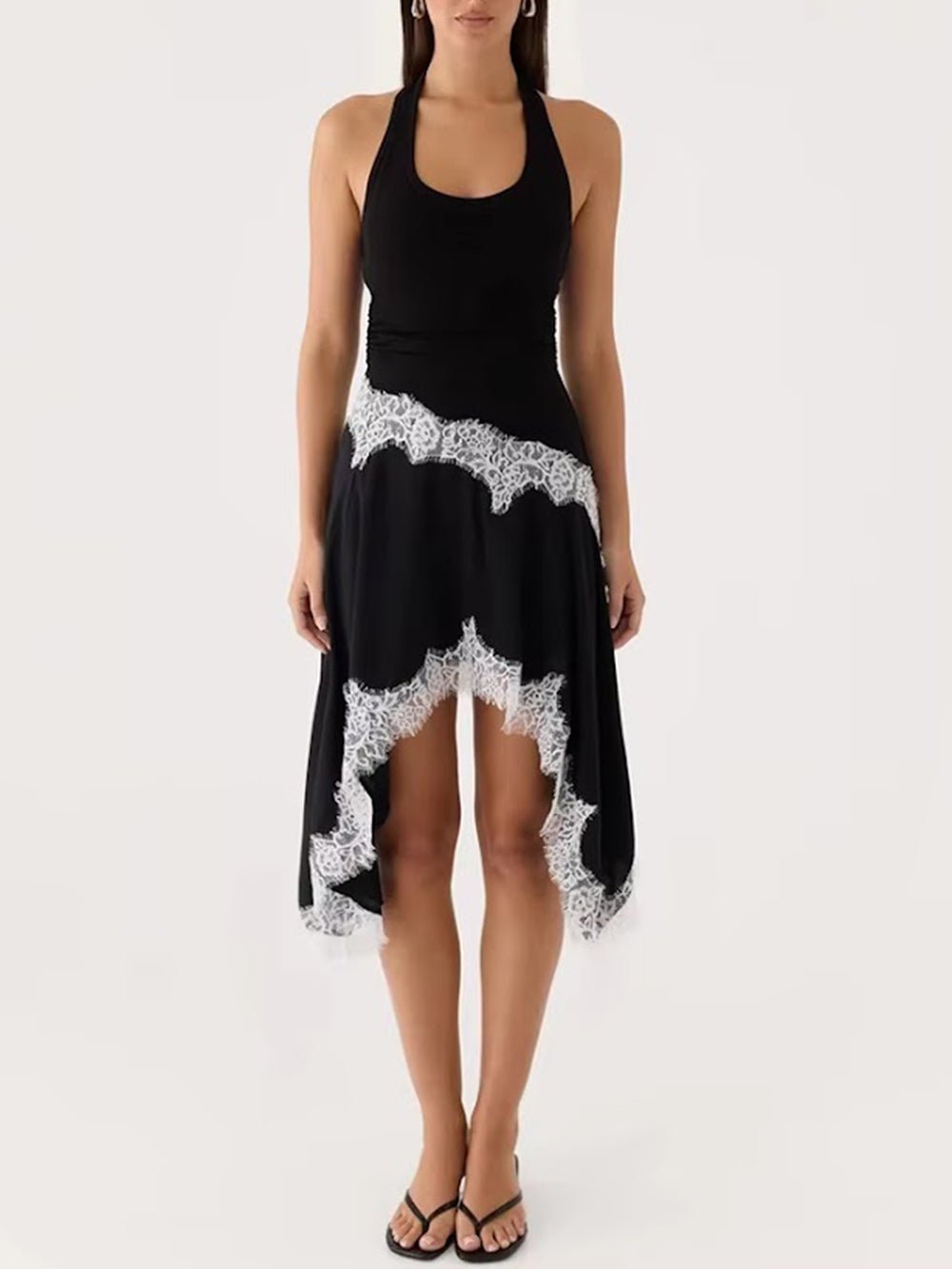 Nadia Lace Trim Asymmetric Midi Dress - Fashion Pov