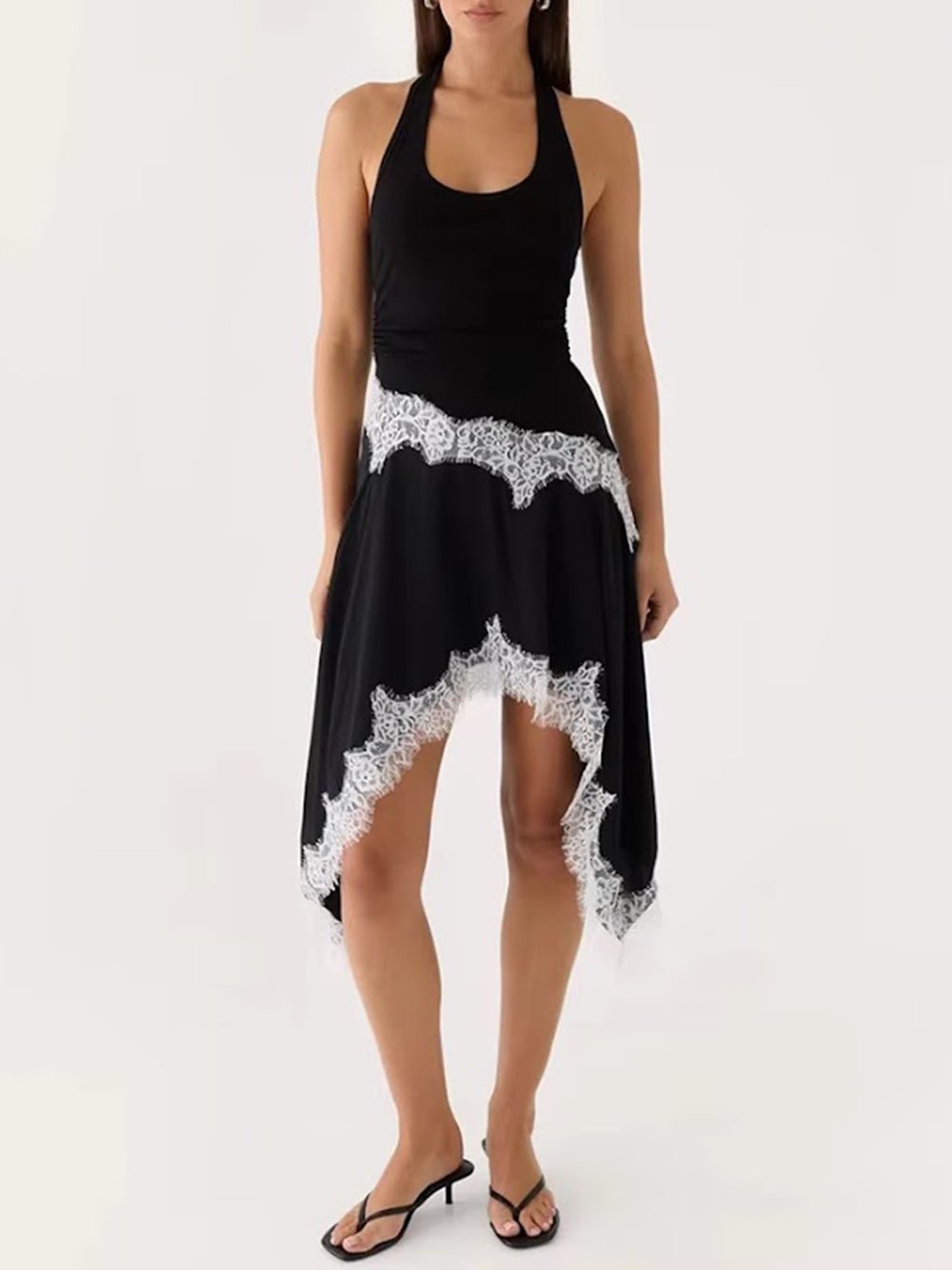 Nadia Lace Trim Asymmetric Midi Dress - Fashion Pov