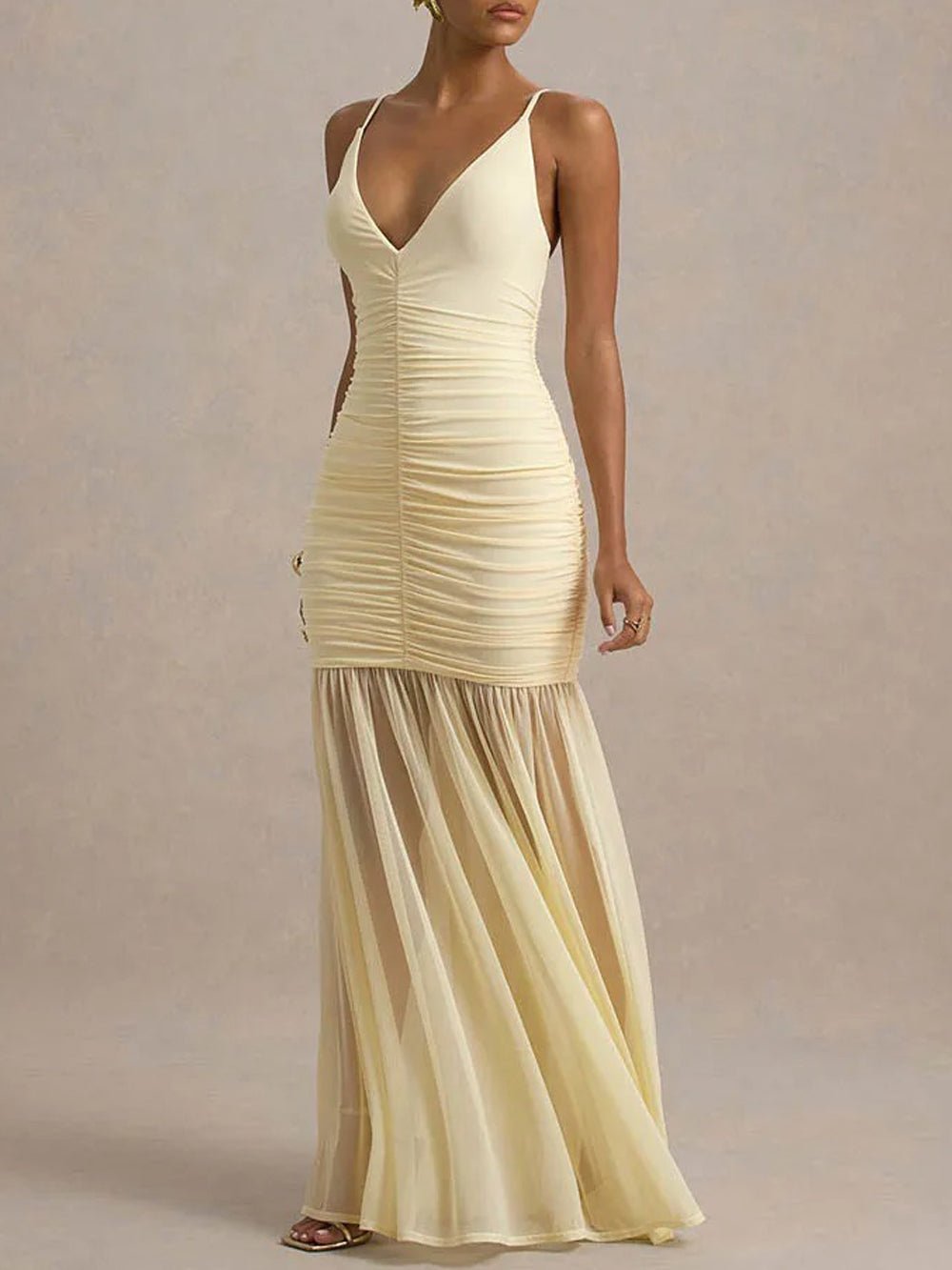 Mermaid Maxi Dress - Pleated Stretch V-Neck, 7 Days / Yellow / M Mermaid Maxi Dress - Pleated Stretch V-Neck, 7 Days / Yellow / M