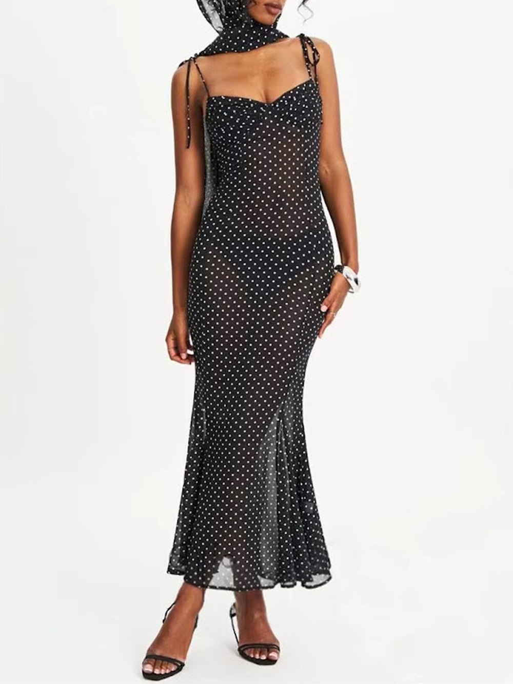 Odette Polka Dot Mesh Midi Dress Black / L