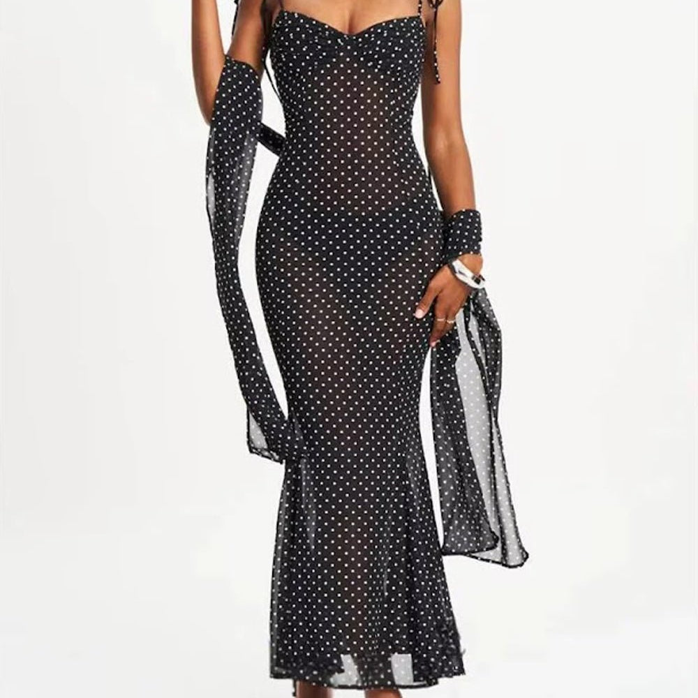 Odette Polka Dot Mesh Midi Dress - Fashion Pov