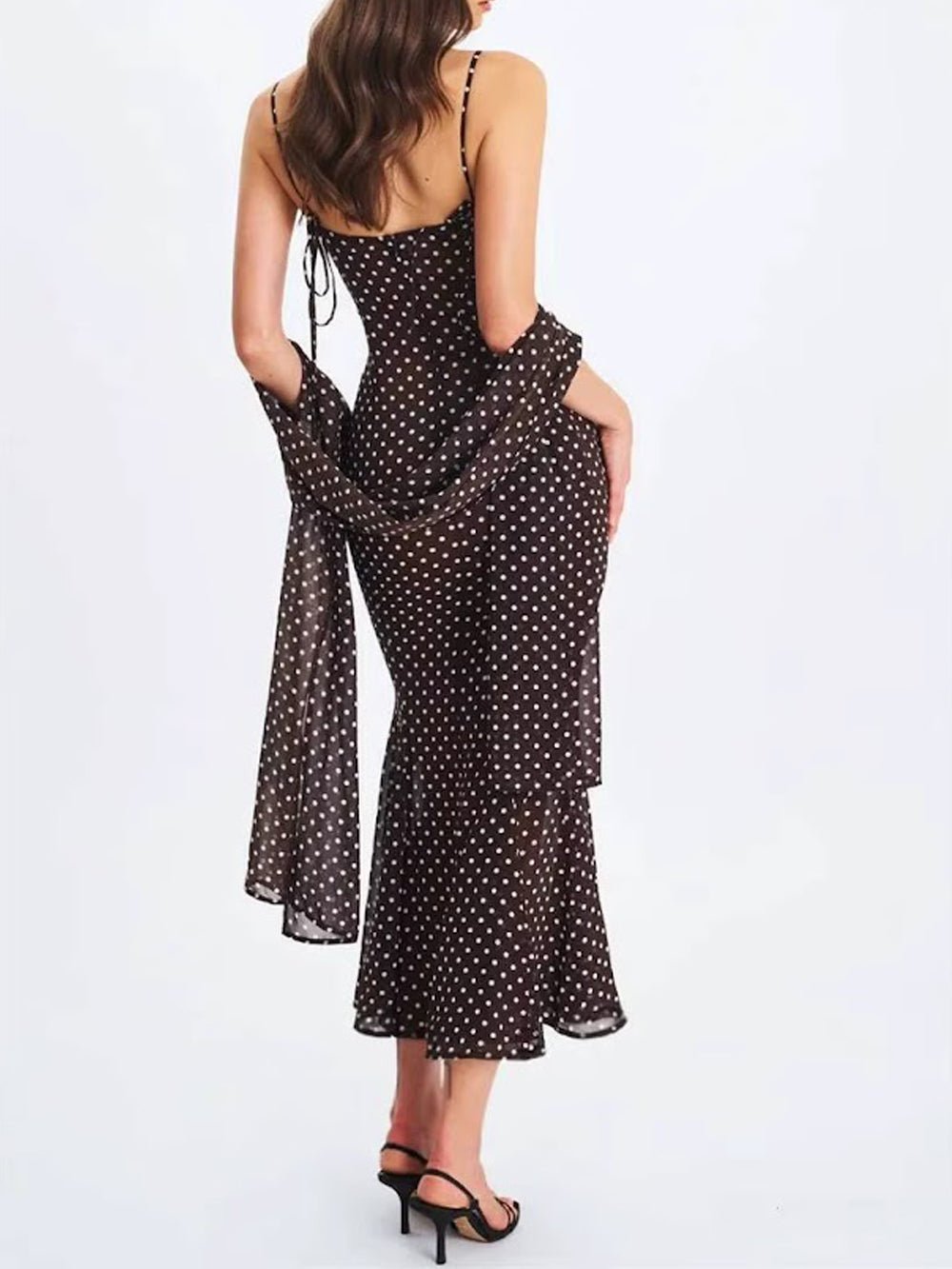 Odette Polka Dot Mesh Midi Dress Brown / L