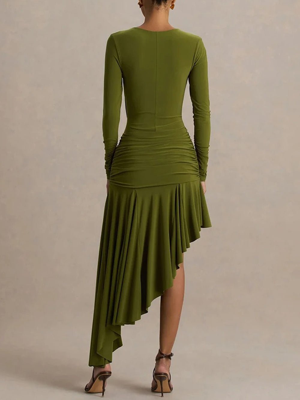 Olivia Asymmetric Ruched Midi Dress Green / S Olivia Asymmetric Ruched Midi Dress Green / S