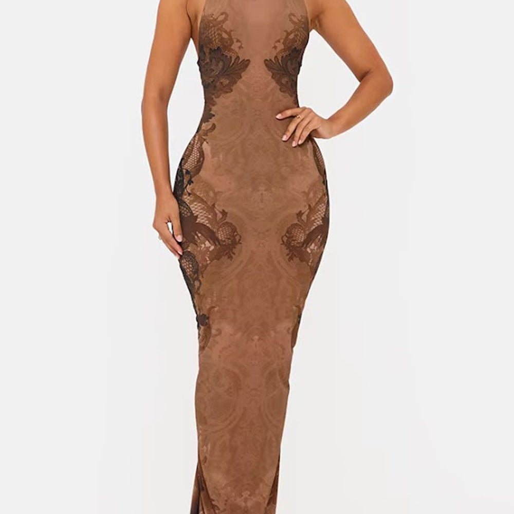 Oriana Floral Mesh Halter Maxi Dress - Fashion Pov
