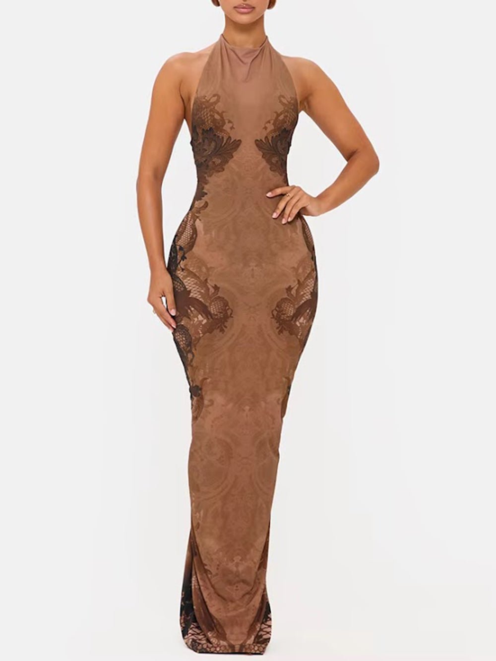 Oriana Floral Mesh Halter Maxi Dress - Fashion Pov