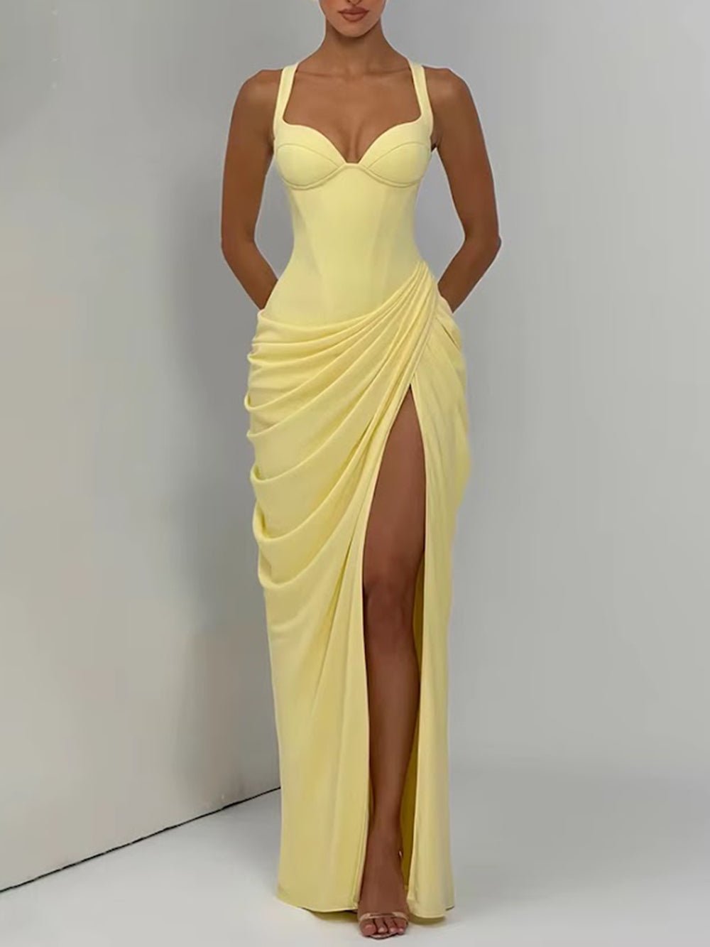 Romina Corset Ruched Slit Maxi Dress - Fashion Pov