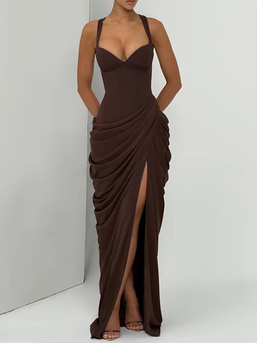 Romina Corset Ruched Slit Maxi Dress - Fashion Pov