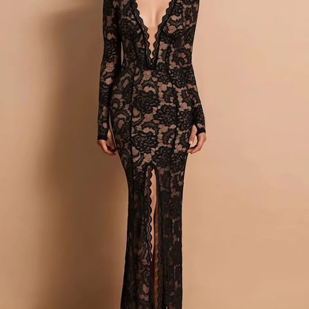 Rosalie Lace Plunge Gown Dress - Fashion Pov