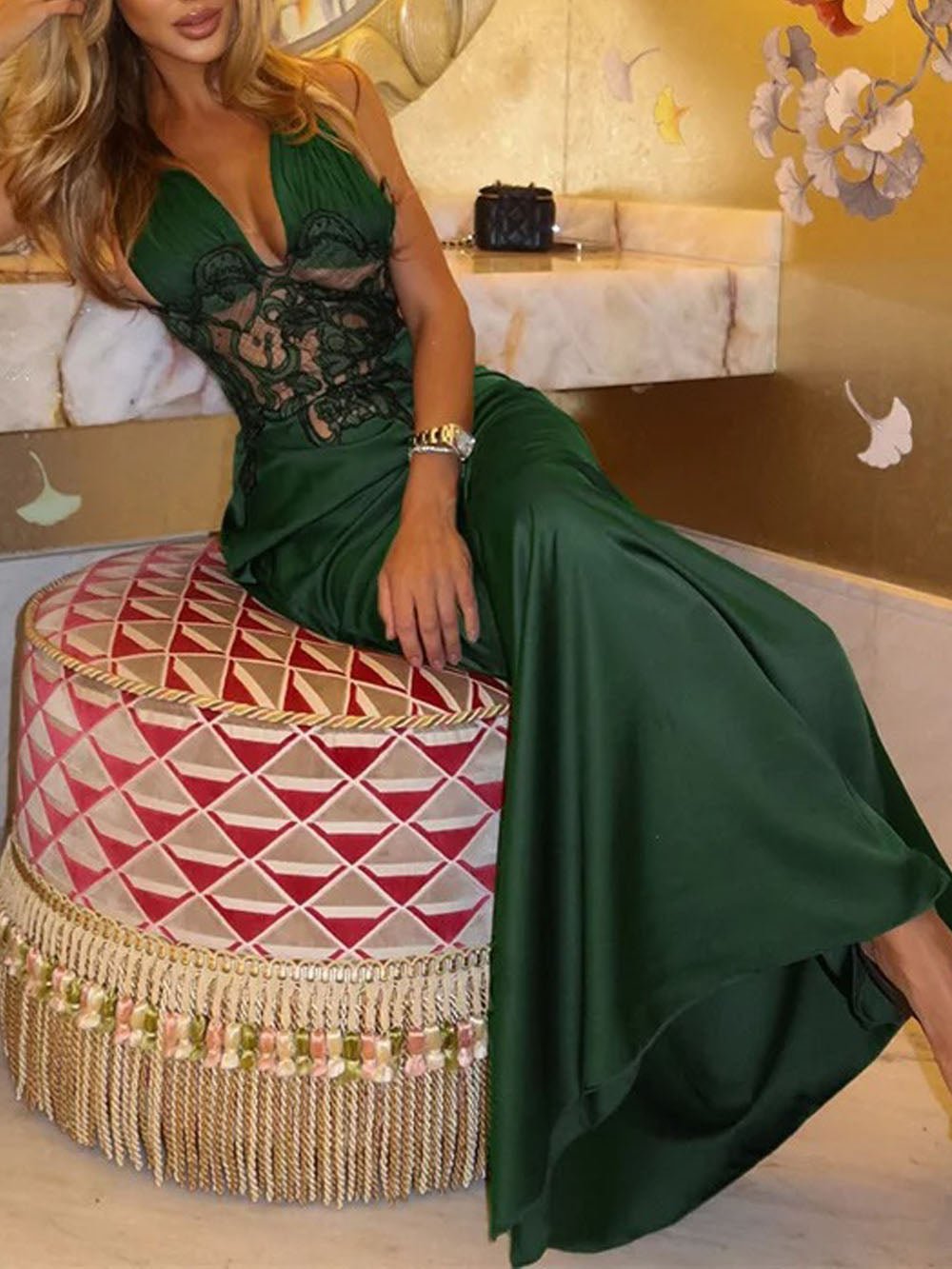 Sabrina Lace Backless Maxi Dress Emerald - Fashion Pov