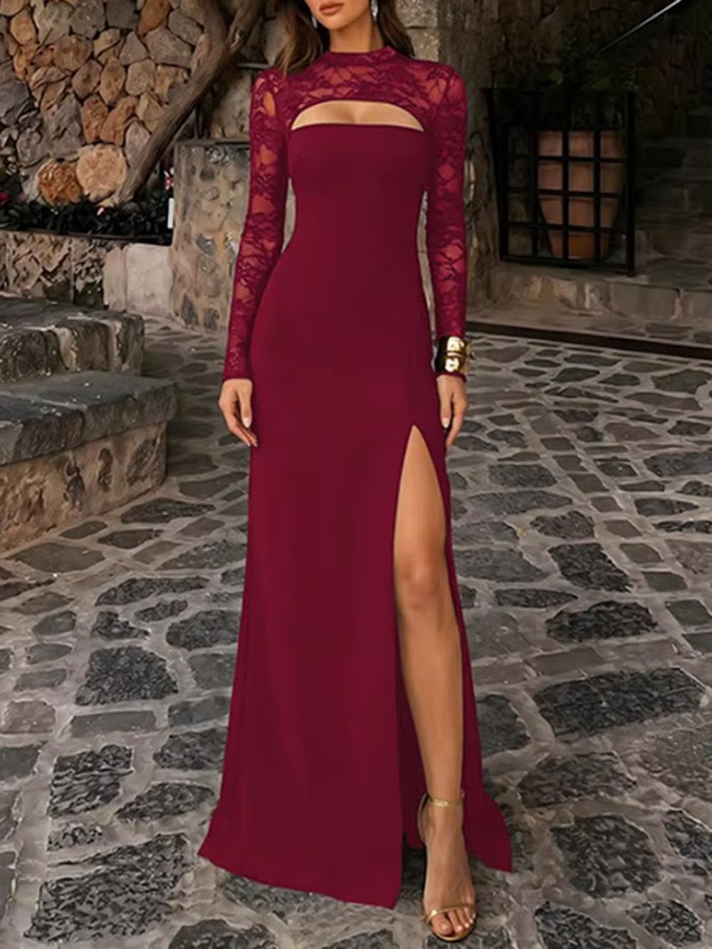 Sabrina Lace Yoke Cutout Gown Dress - Fashion Pov