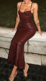 Sage Backless Faux Leather Maxi Dress - Fashion Pov