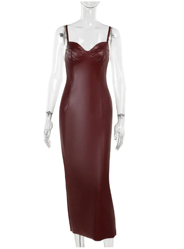 Sage Backless Faux Leather Maxi Dress - Fashion Pov