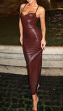 Sage Backless Faux Leather Maxi Dress - Fashion Pov