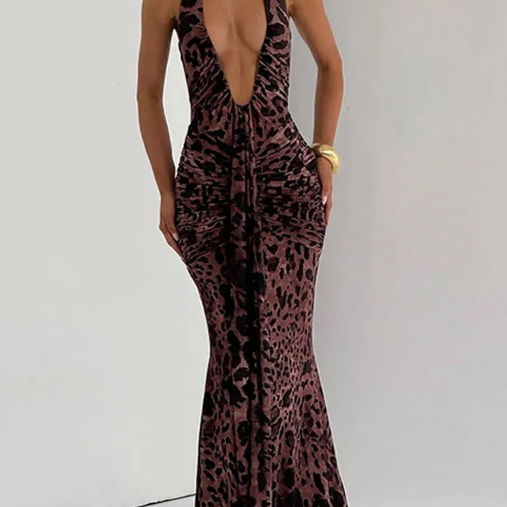 Serena Leopard Halter Maxi Dress - Fashion Pov
