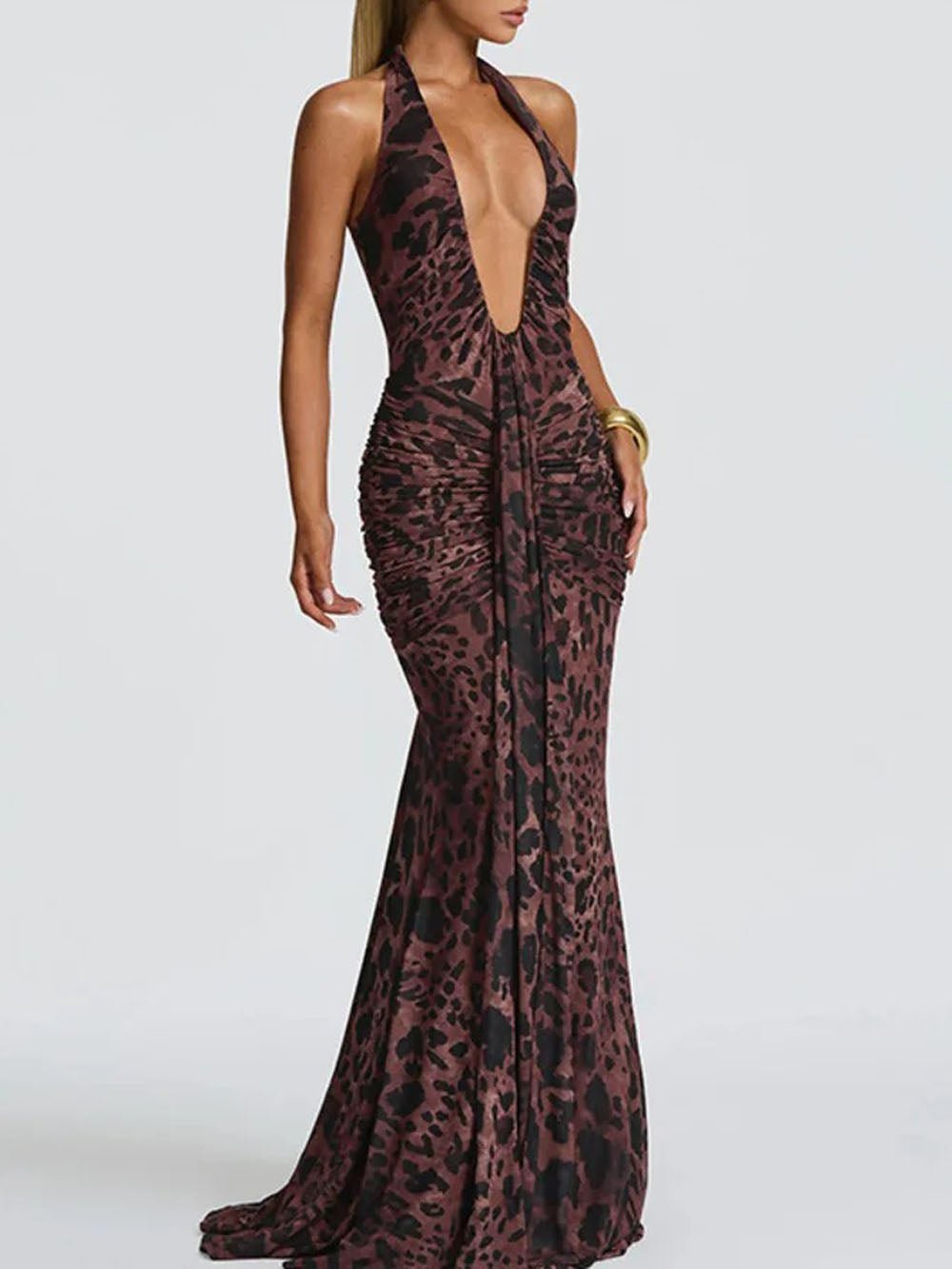Serena Leopard Halter Maxi Dress Brown / M