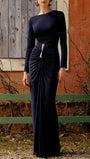 Serena Ruched Long Sleeve Maxi Dress Midnight Navy - Fashion Pov