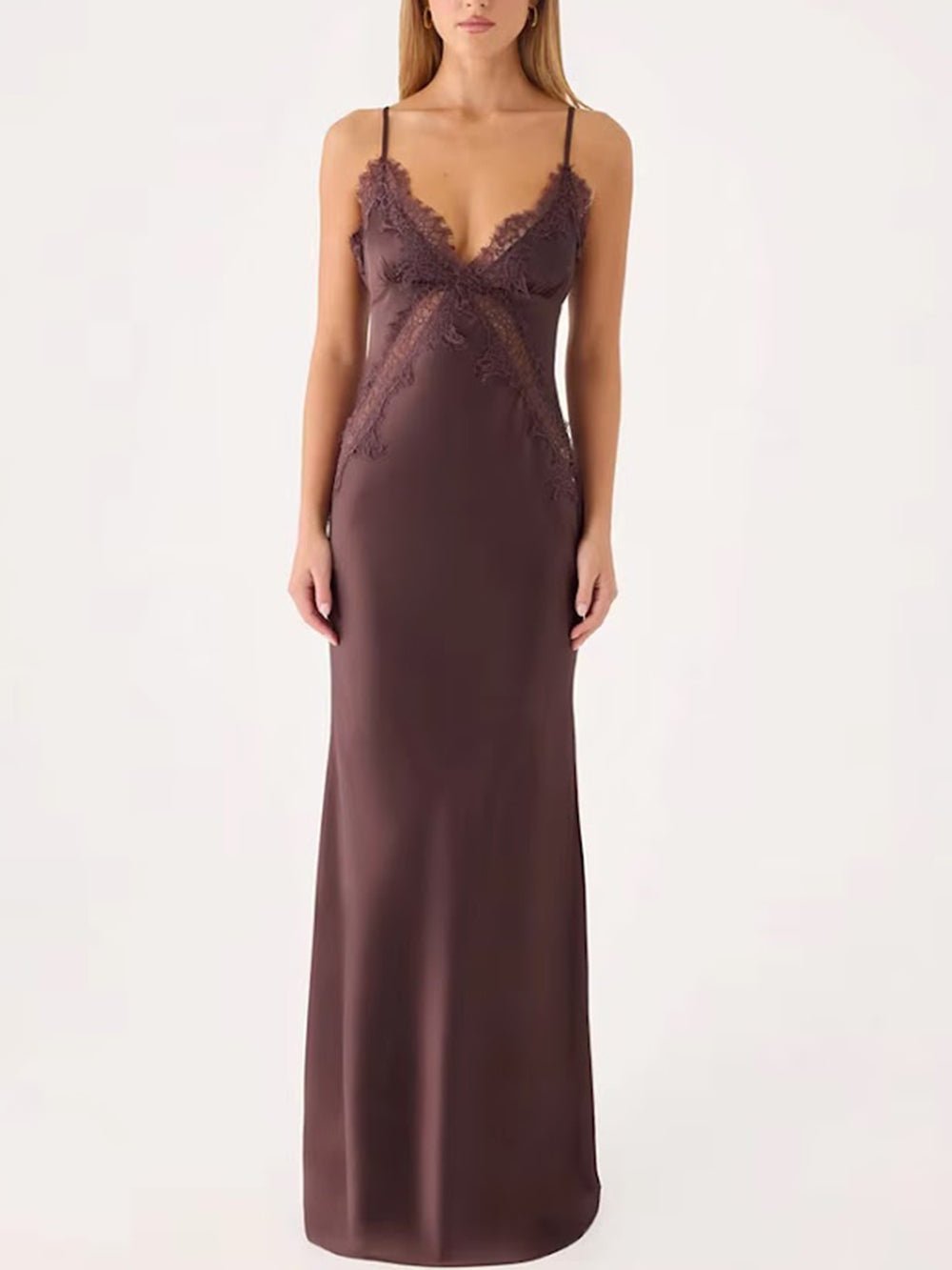 Siena Lace Trim Satin Maxi Dress - Fashion Pov