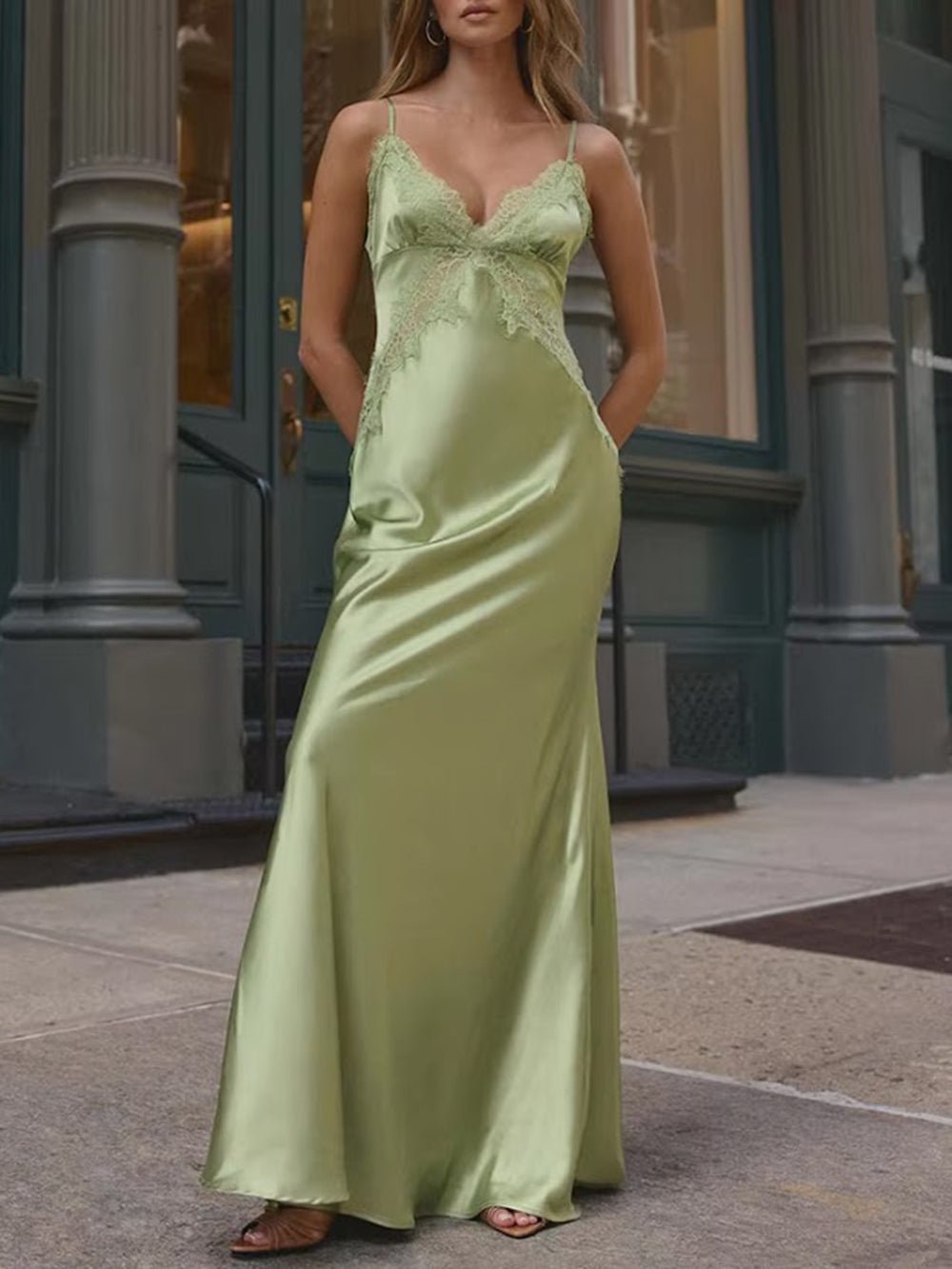 Siena Lace Trim Satin Maxi Dress - Fashion Pov