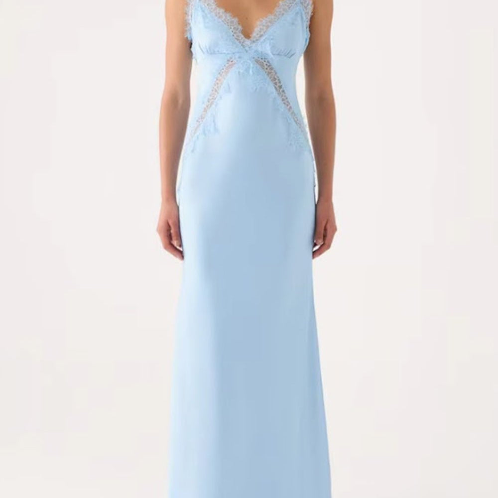 Siena Lace Trim Satin Maxi Dress - Fashion Pov