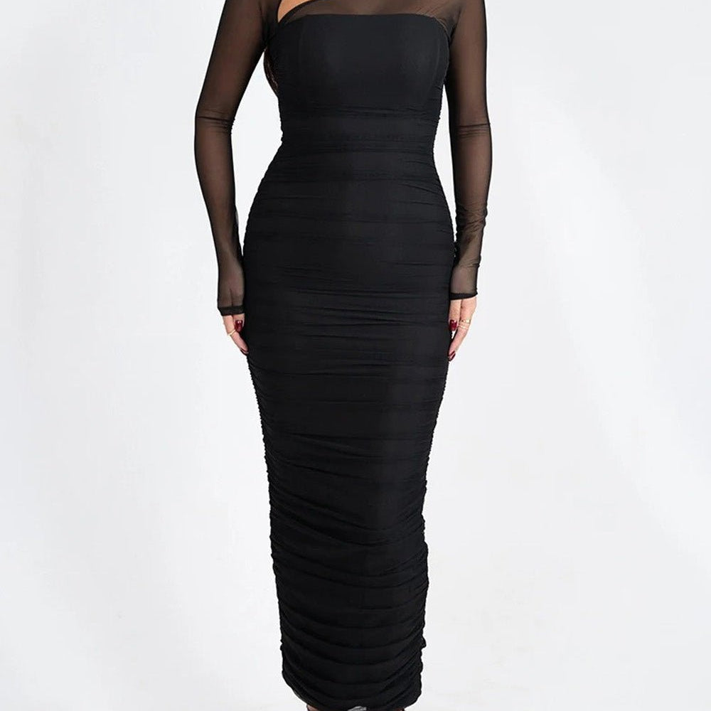 Sienna Mesh Ruched Maxi Dress Black - Fashion Pov