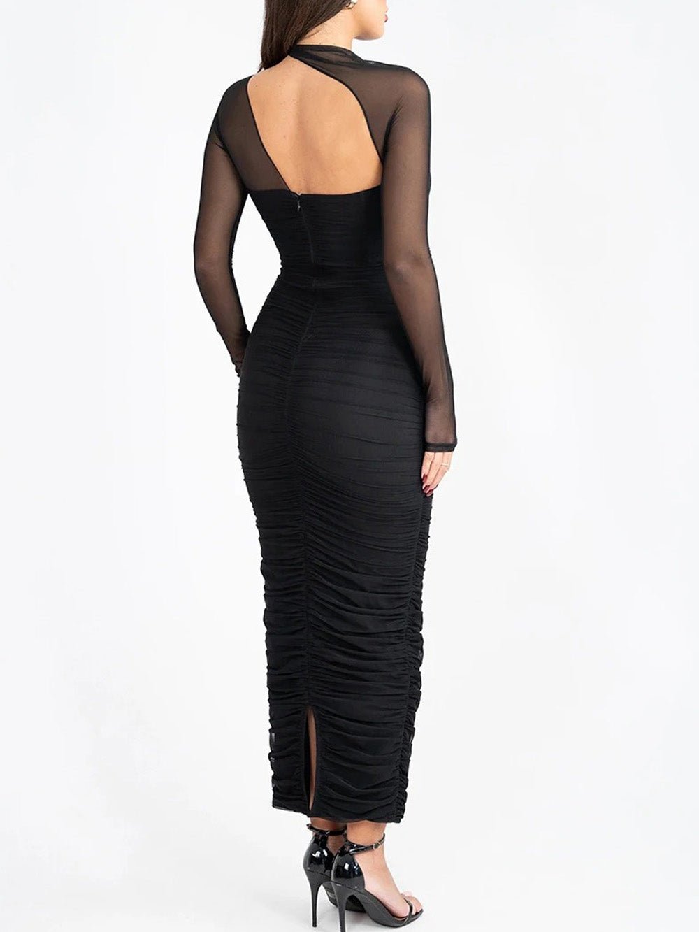 knee length dresses for ladies Sienna Mesh Ruched Maxi Dress Black / L