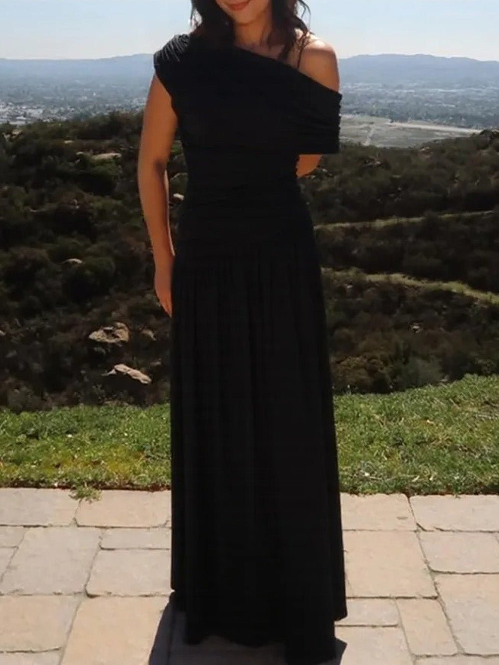 Valencia One - Shoulder Pleated Maxi Dress - Fashion Pov