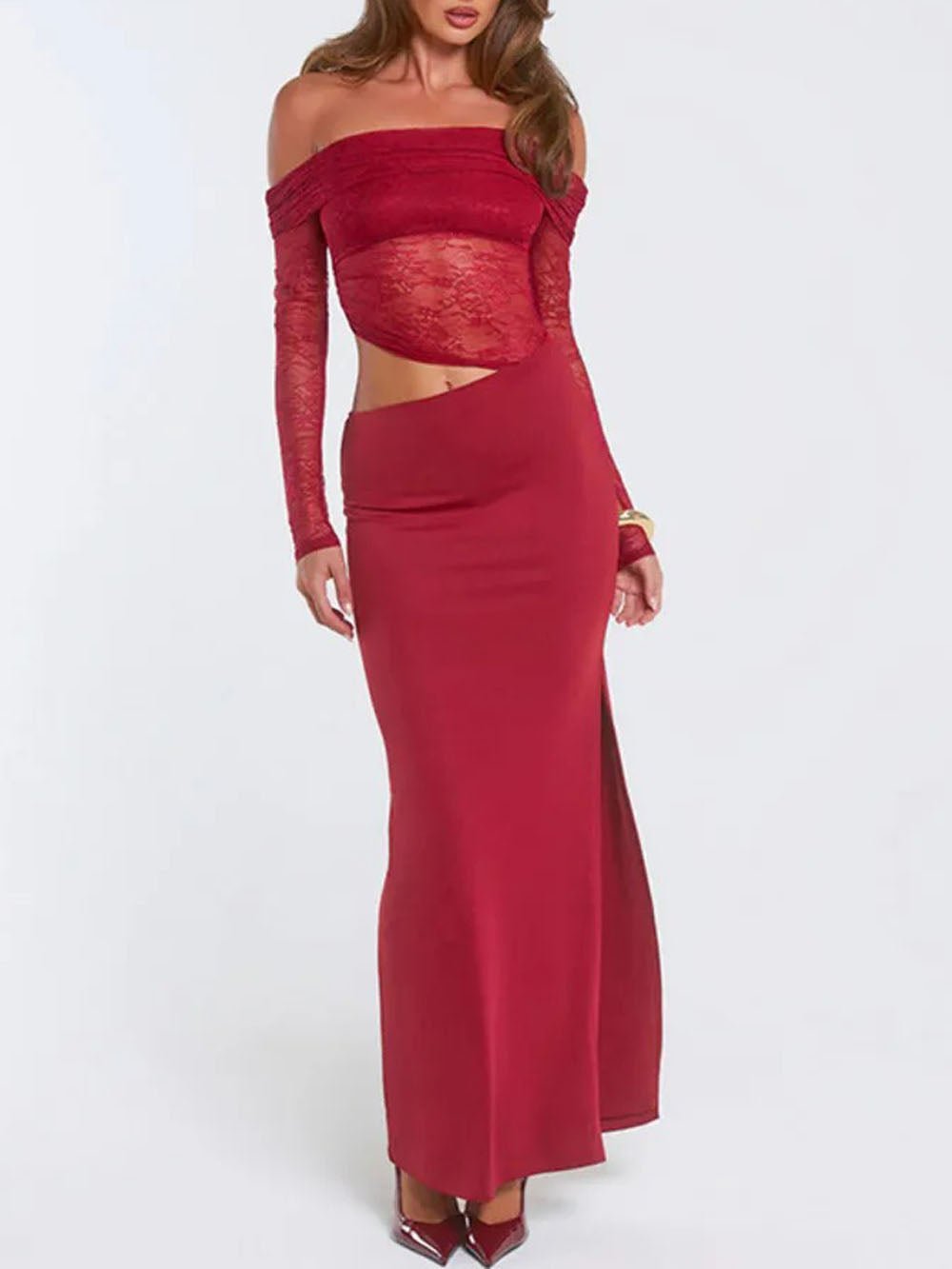 Valentina Lace Off Shoulder Maxi Dress Crimson Wine - Fashion Pov