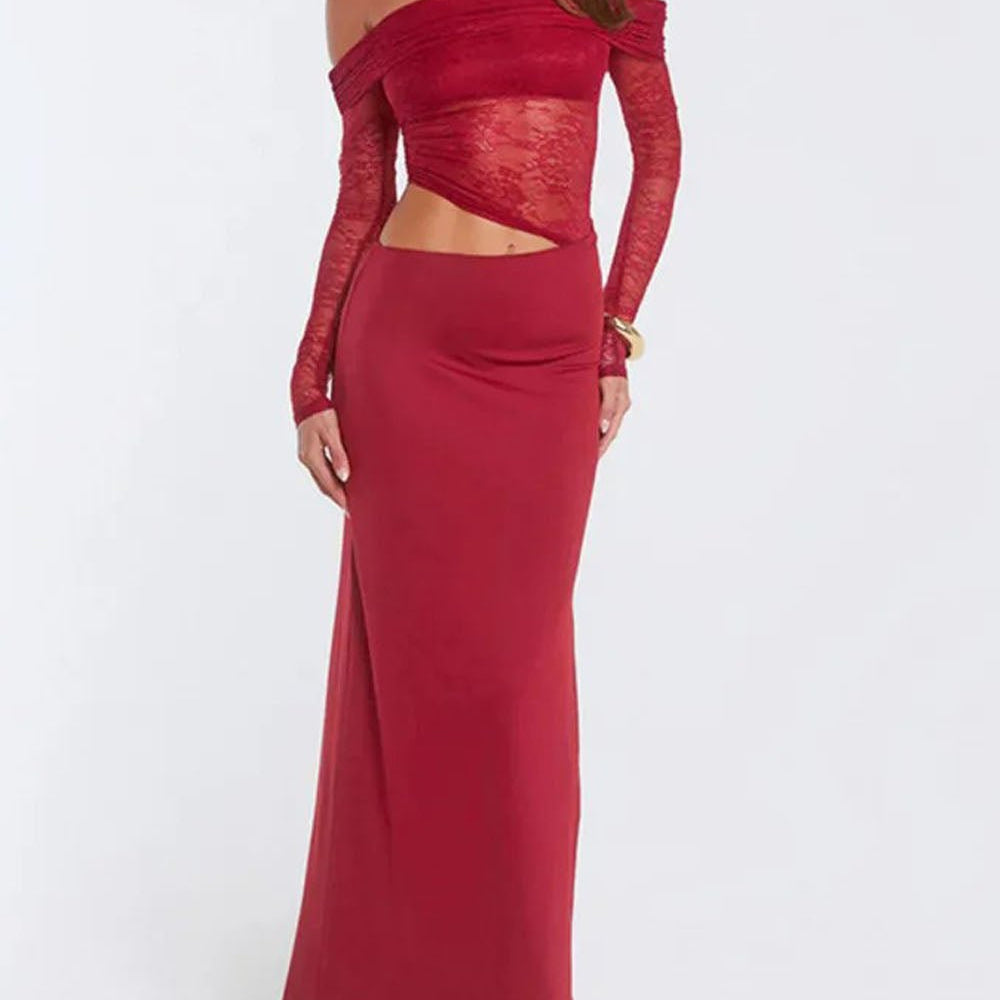 Valentina Lace Off Shoulder Maxi Dress Crimson Wine - Fashion Pov