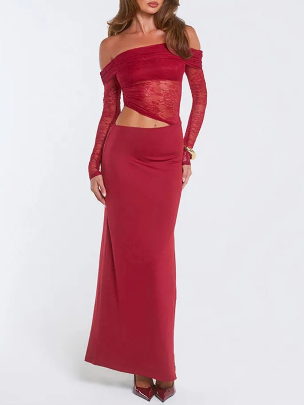 Valentina Lace Off Shoulder Maxi Dress Crimson Wine - Fashion Pov