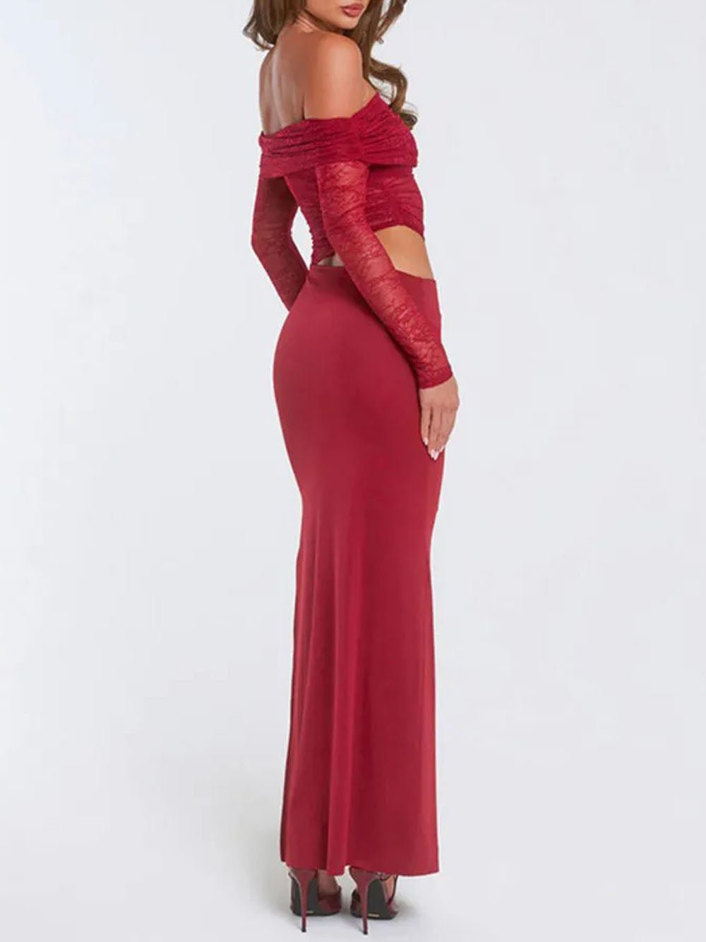 Valentina Lace Off Shoulder Maxi Dress Crimson Wine - Fashion Pov