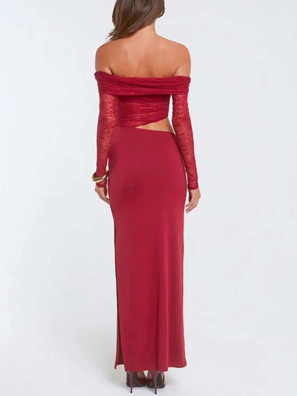 Valentina Lace Off Shoulder Maxi Dress Crimson Wine - Fashion Pov
