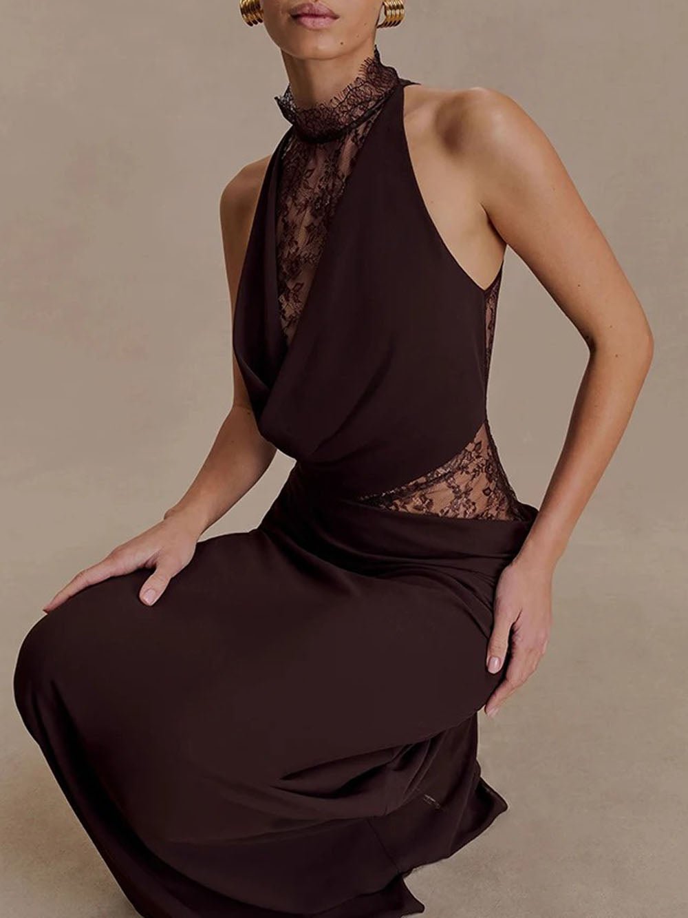 Valeria Lace Backless Halter Maxi Dress - Fashion Pov