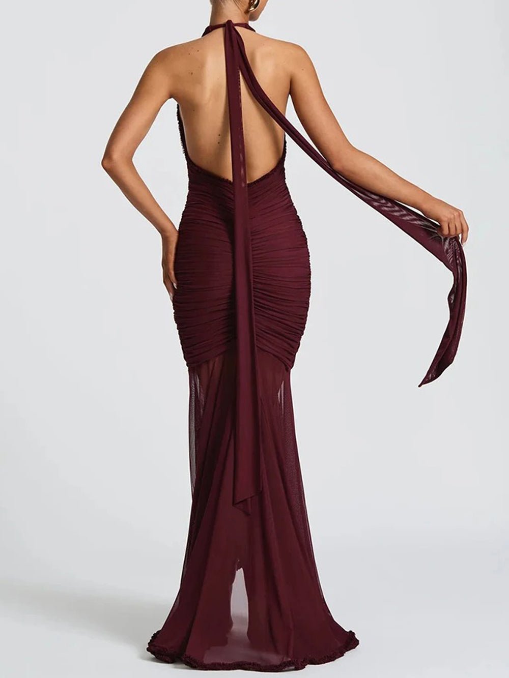 Viviana Halter Ruched Maxi Dress Merlot - Fashion Pov
