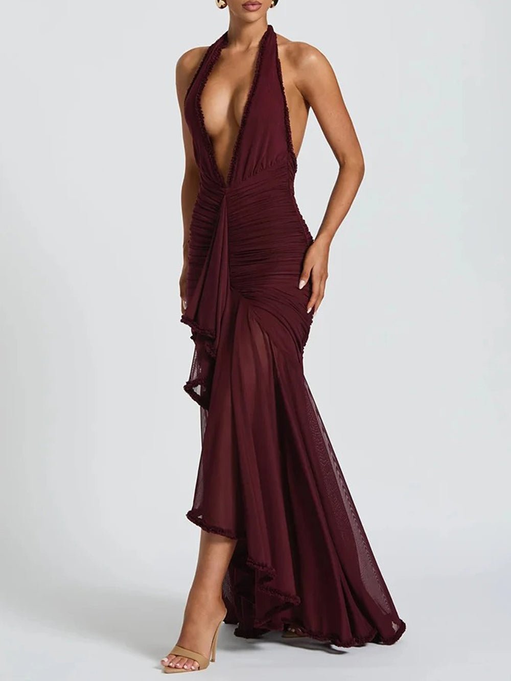 Viviana Halter Ruched Maxi Dress Merlot - Fashion Pov