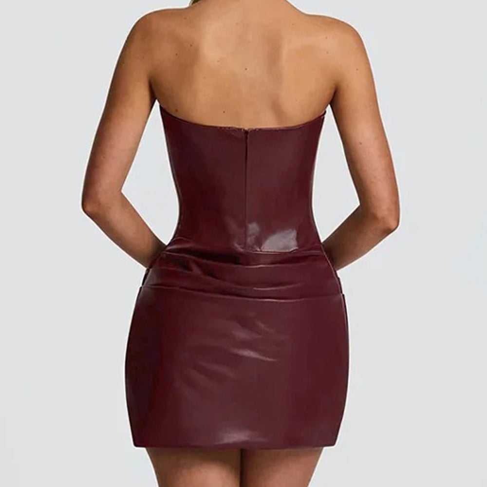 Vivienne Ruched Faux Leather Mini Dress - Fashion Pov