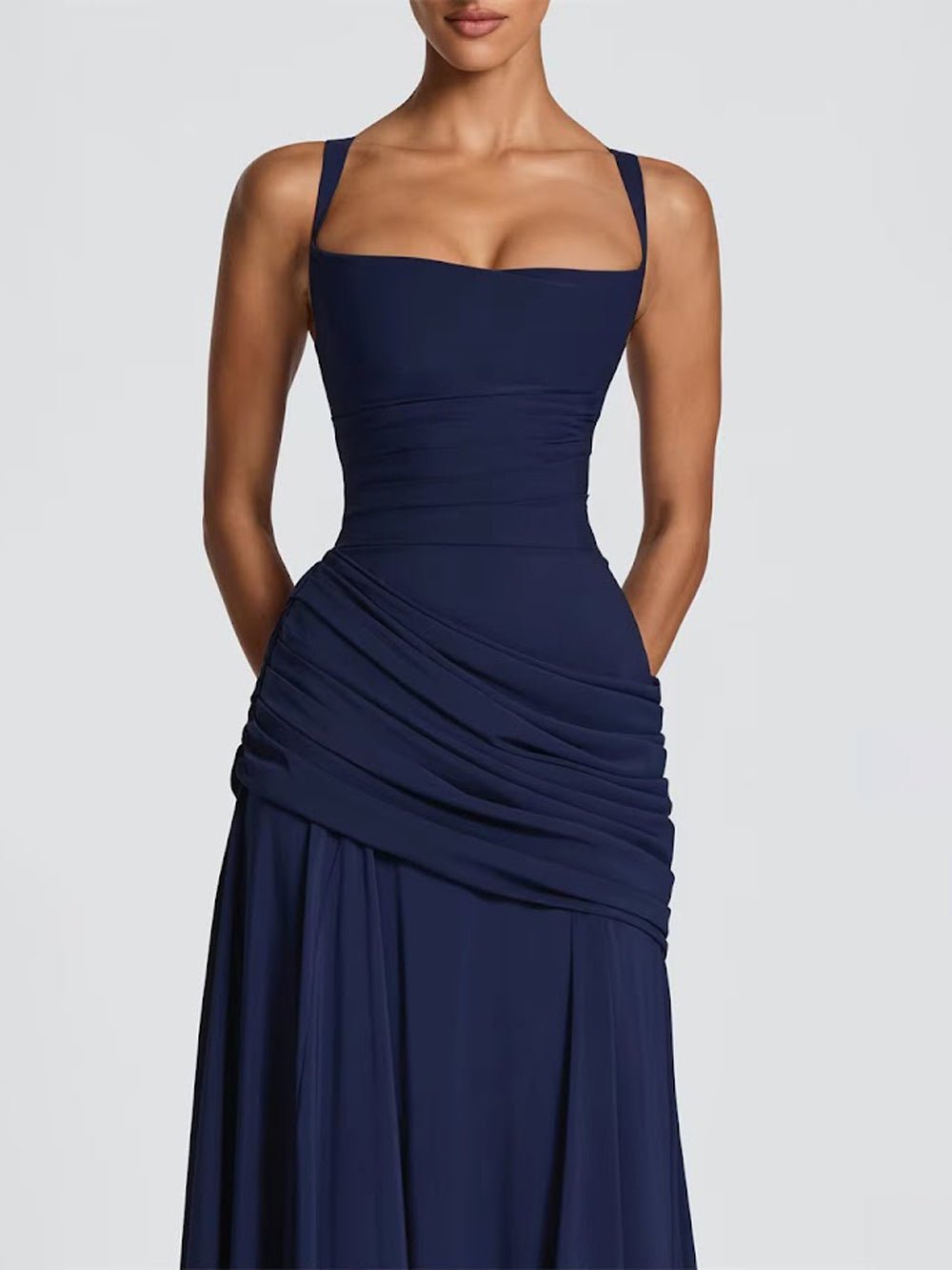 Vivienne Ruched Square Neck Maxi Dress - Fashion Pov