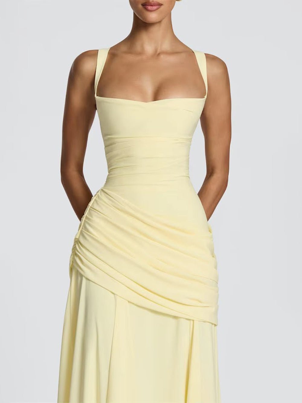 Vivienne Ruched Square Neck Maxi Dress - Fashion Pov